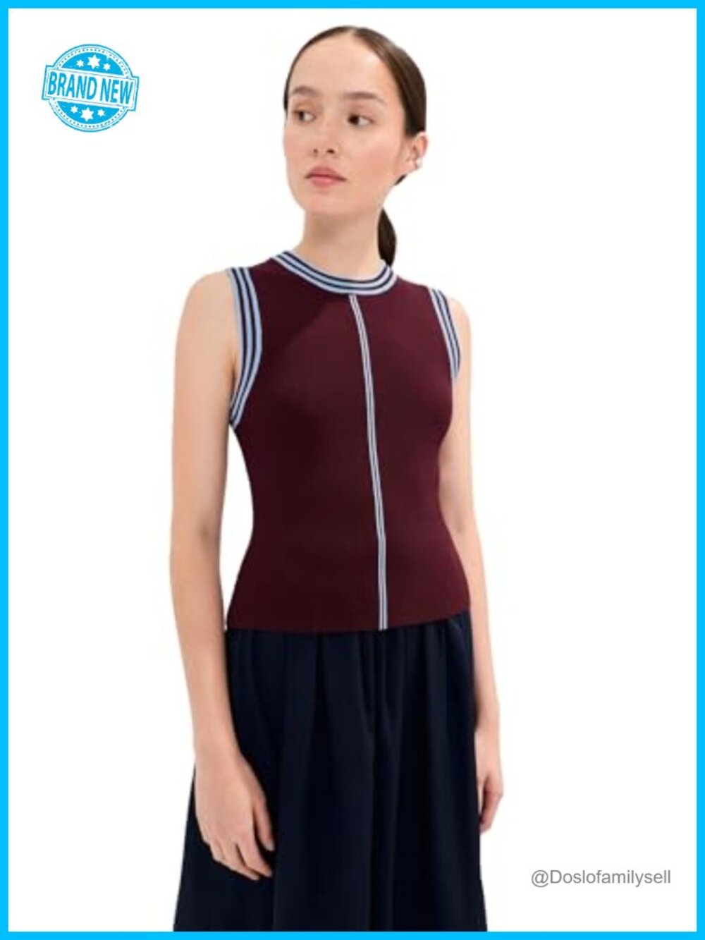 Ribbed Knit Tank Top Crew Neck Sleeveless Summer Stripe Trim